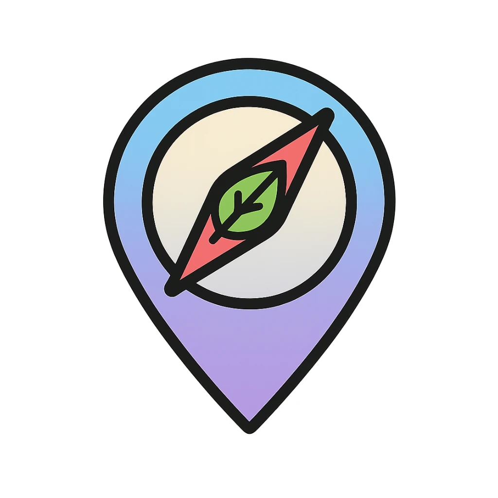 nutrition navigator icon named Nora, minimal or no human features, stylized map pin or compass shape, blending gradient of light blue, light purple, and light gray, leafy or healthy food element sticker