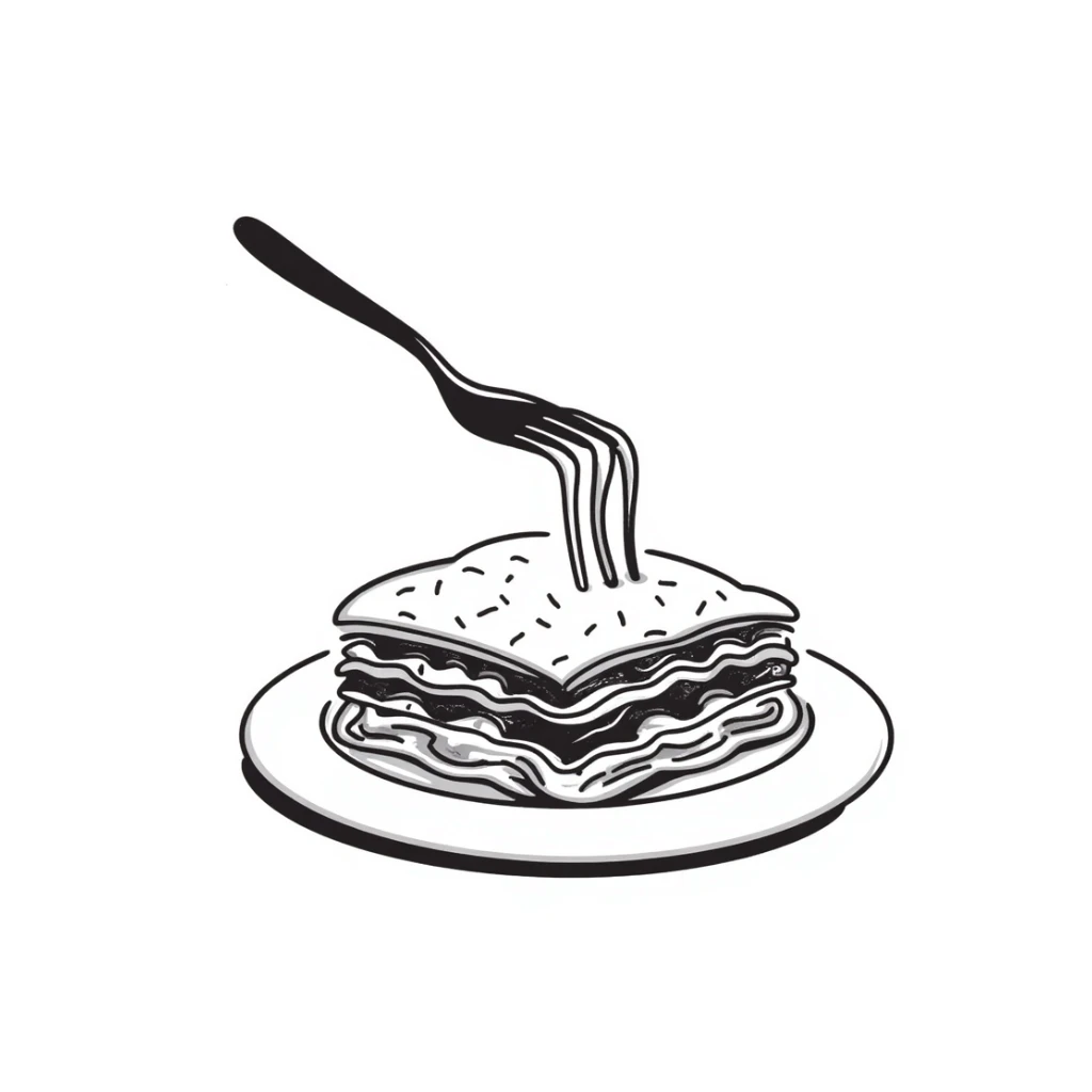 A hand-drawn plate of lasagna with a fork taking a bite, showing the layers sticker
