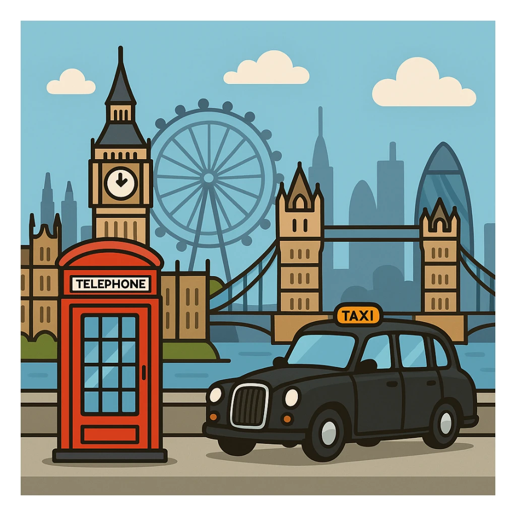 flat toon style London skyline with red phone booth and black cab sticker