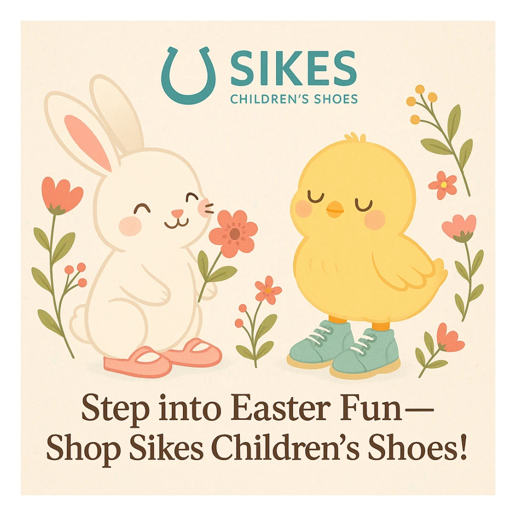 Easter-themed Instagram post for Sikes Children's Shoes with pastel background, logo at top, bunny and chick with shoes, floral accents, headline: 'Step into Easter Fun—Shop Sikes Children’s Shoes!'. Include uploaded logo. sticker