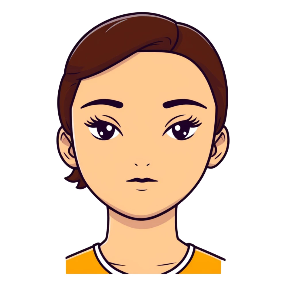 girl with brown hair and thick eyebrows, cartoon sticker sticker