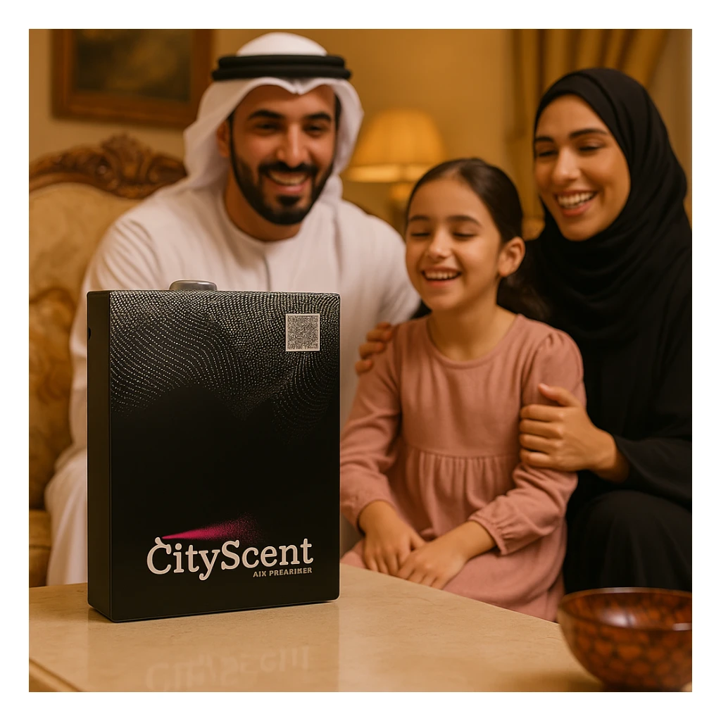 Create a vertical (portrait, 9:16 aspect ratio) Instagram Story–style image placing the CityScent air freshener machine on a table in a luxury living room. Show a family in Arabic dress gathered around, smiling and enjoying the scent. The style is realistic, elegant, and optimized for mobile viewing. sticker