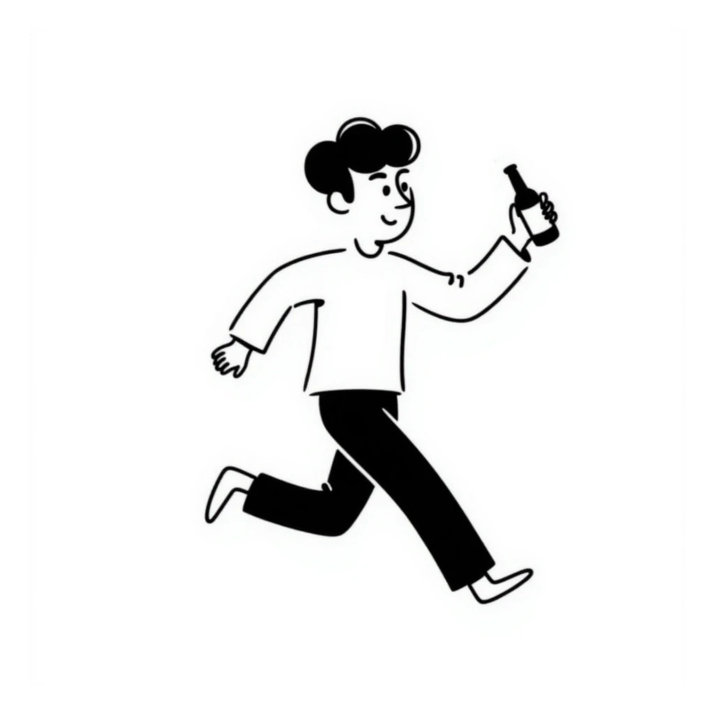 man running with a beer holding a beer, hand drawn doodle style sticker