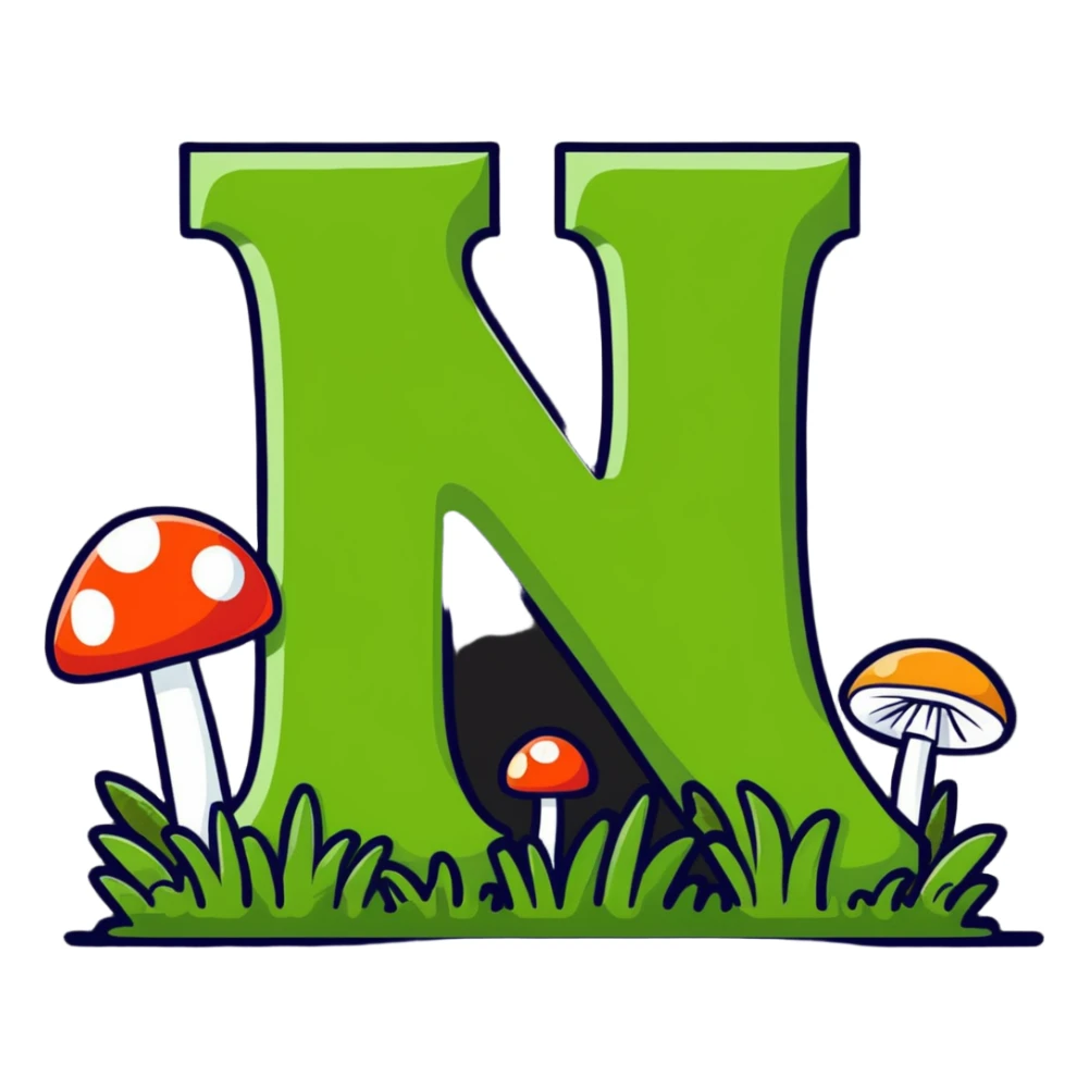 Notion logo as a block covered with moss, grass and tiny mushrooms, letter N still visible sticker
