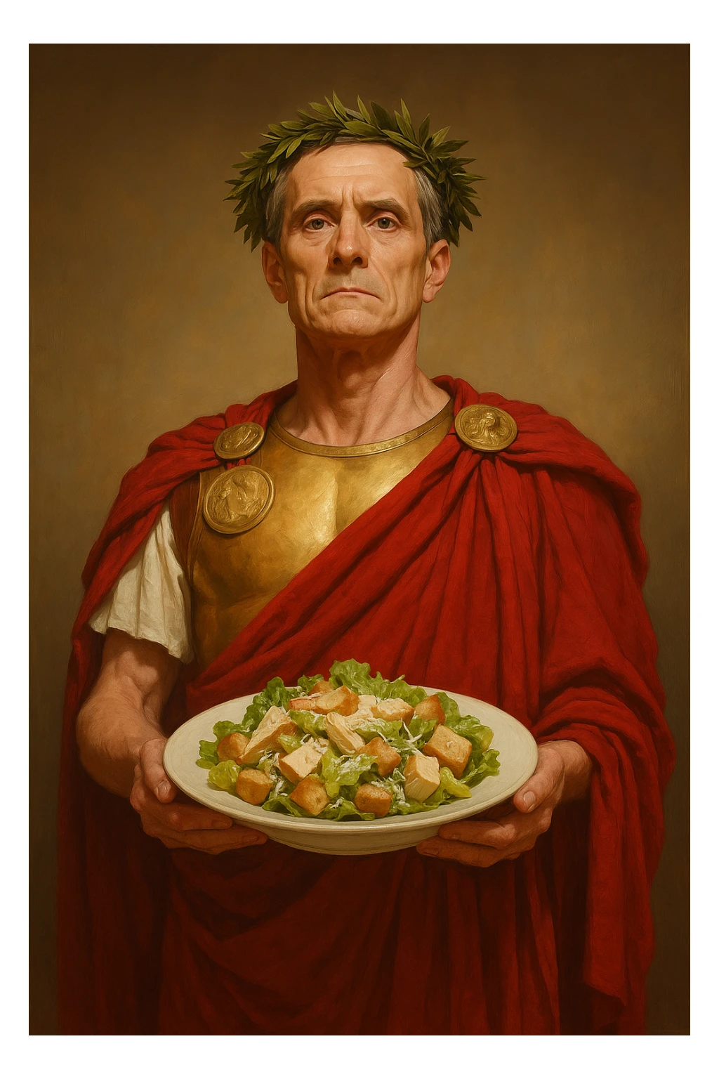 Сгенерируй мне этого цезаря, который стоит с тарелкой а на ней салат цезарь sticker