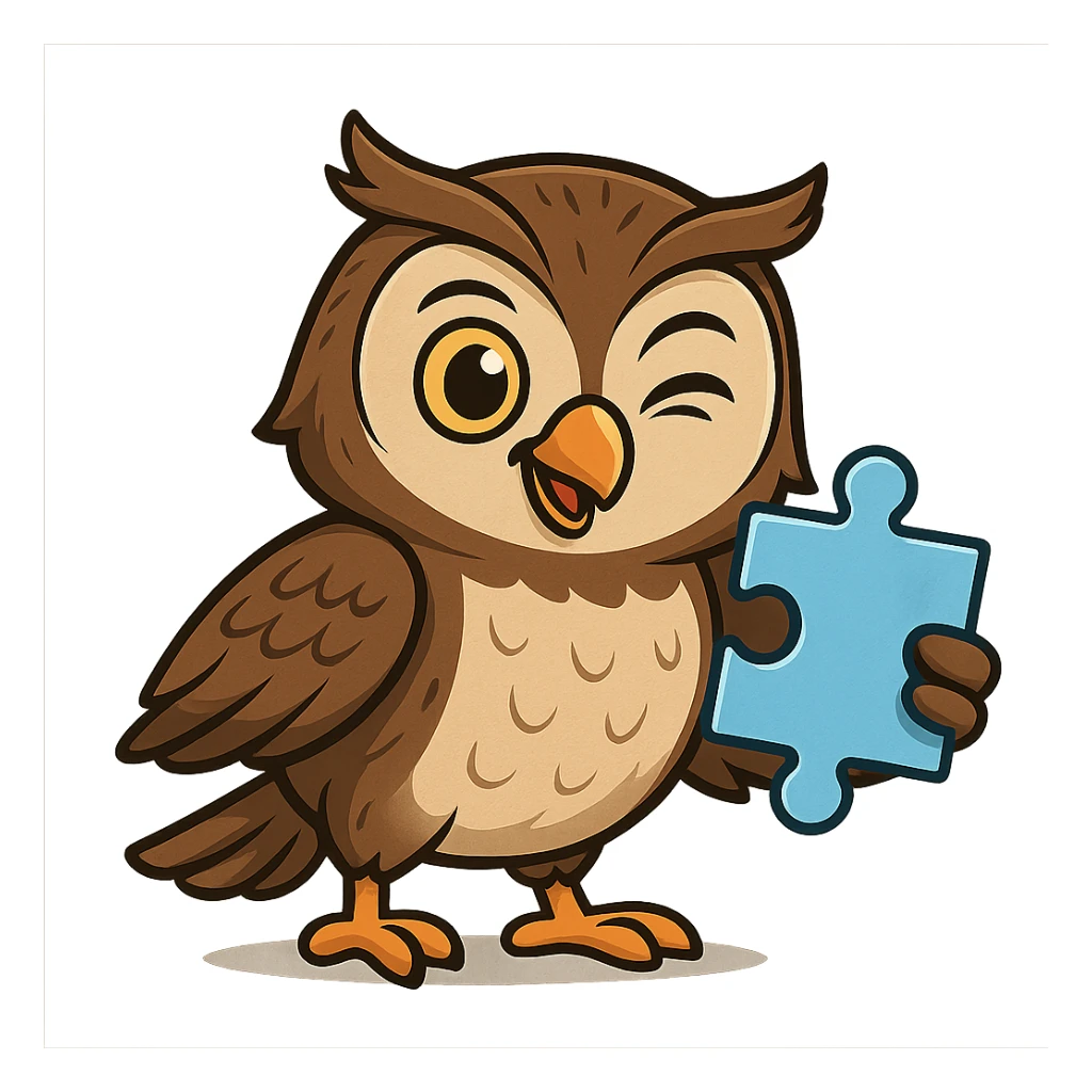 a clever bird named Coocoo, winking and holding a puzzle piece, symbolizing cleverness and problem-solving sticker