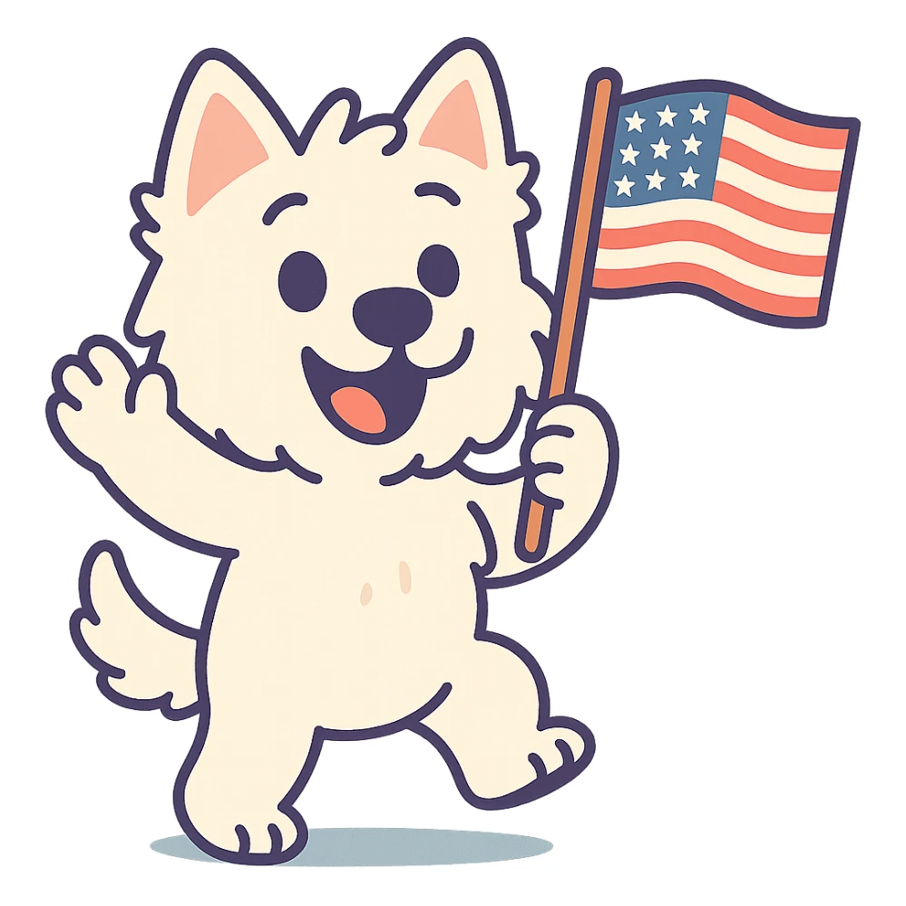 Westie dog waving a US flag, pastel toon cartoon style sticker