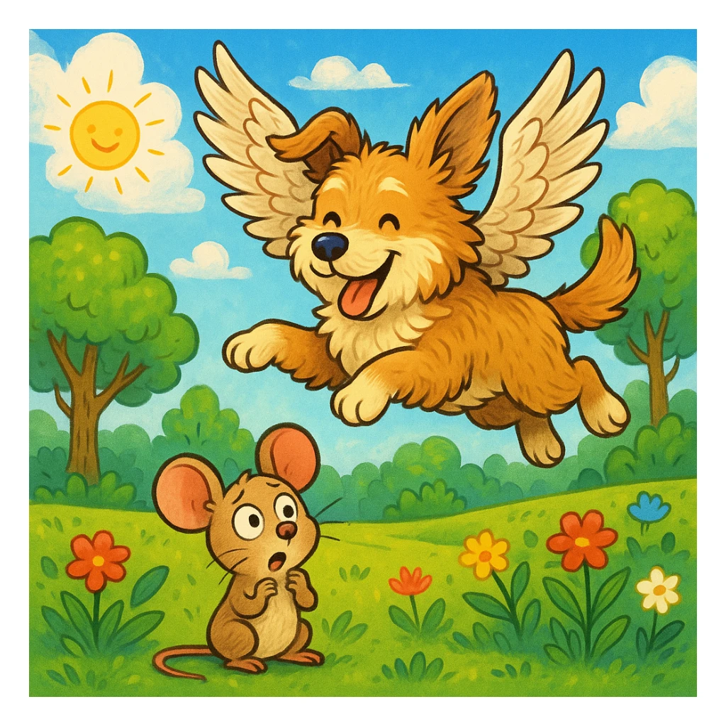 a whimsical dog with feathered wings flying over a surprised mouse in a park, colorful illustration sticker