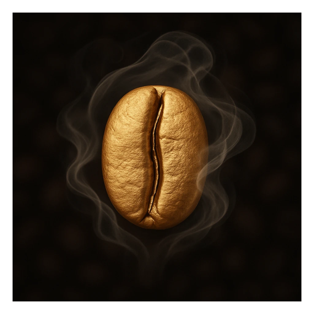 a single golden coffee bean, highly detailed and realistic, clean minimalist luxurious elegant style, bean wrapped in soft swirling mist evoking warmth and aroma of freshly brewed coffee, highest resolution, suitable for logo and branding, inspired by reference image, fine out-of-focus dark coffee bean texture background with transparent edges sticker