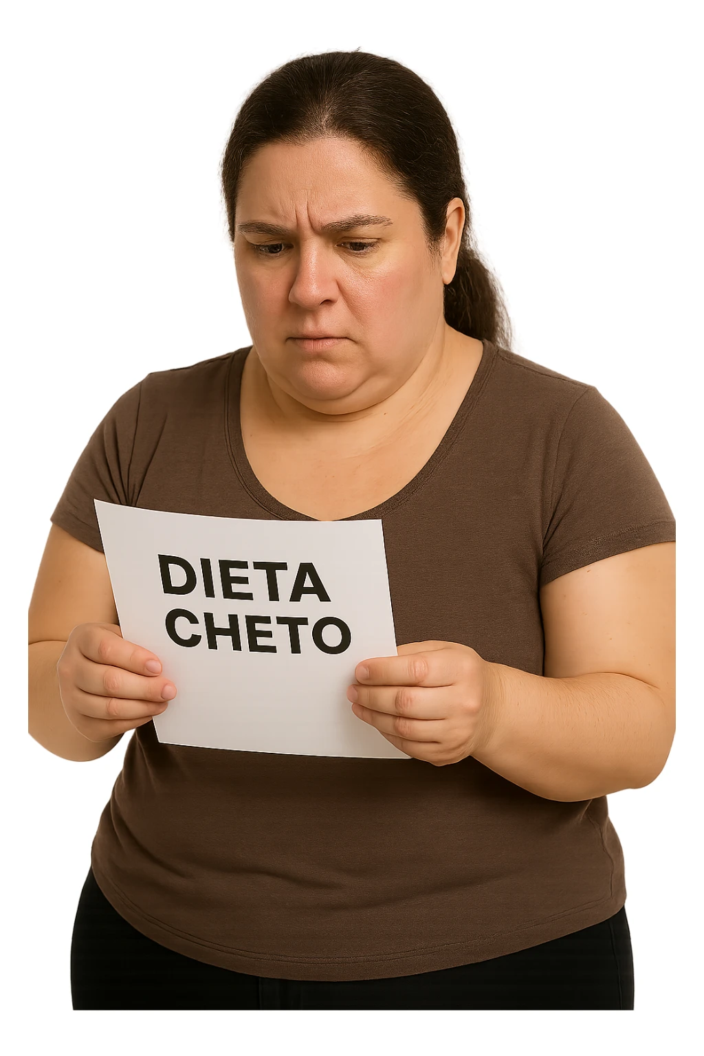 donna realistica leggermente in sovrappeso che legge un foglio con la scritta "dieta Cheto", sfondo bianco, iperrealistica 4k, IPERREALISTICA 4K sticker