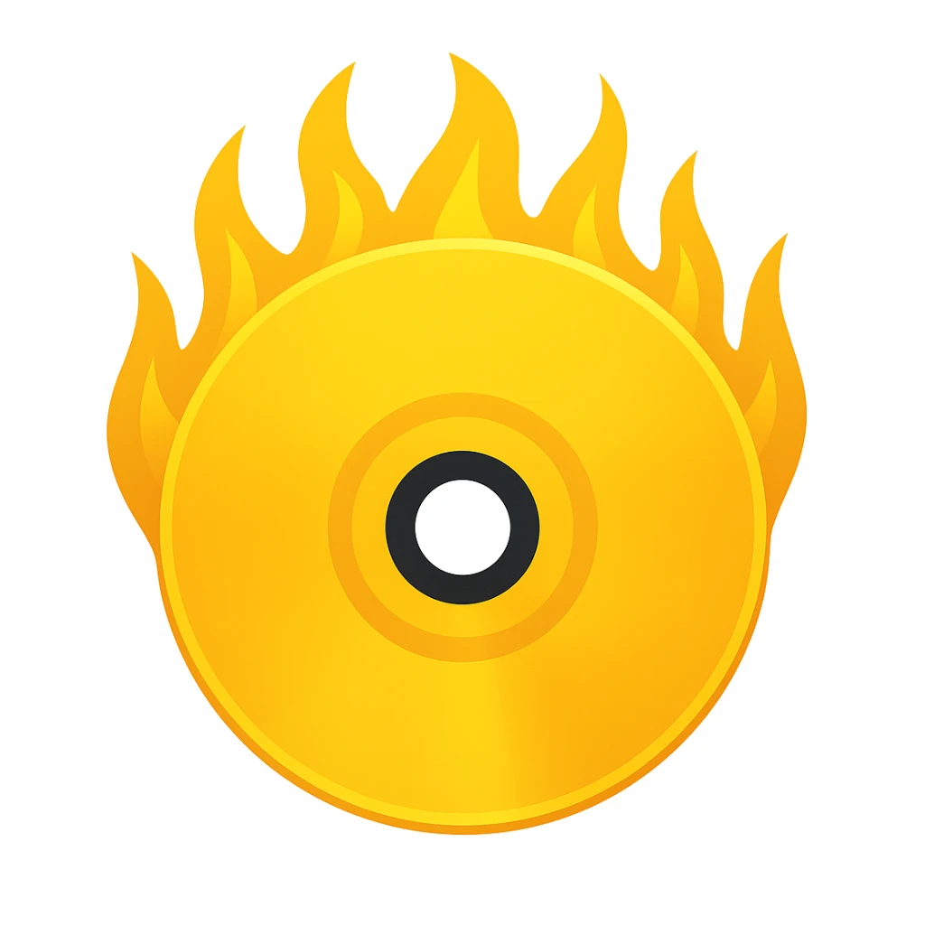A minimalist CD disc with a subtle fire design, emoji style, yellow flames, with sharper flames sticker