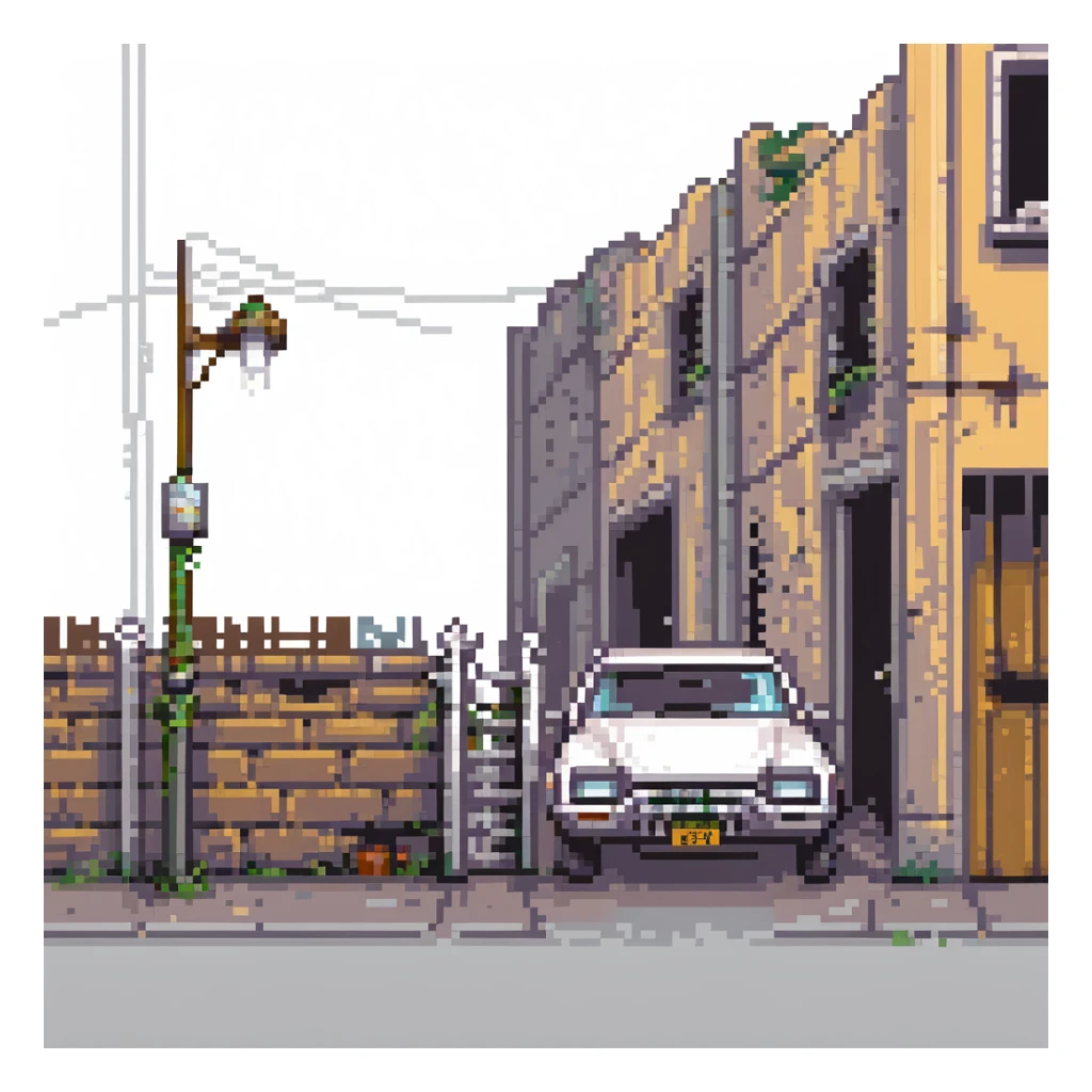 Pixel art back alley, graffiti walls, broken fence, flickering street light, abandoned car, urban decay, vertical composition, 9:16, Sega style 2D fighter background
 sticker