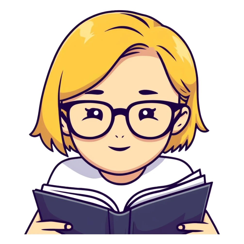 blonde girl with glasses looking down reading a book sticker