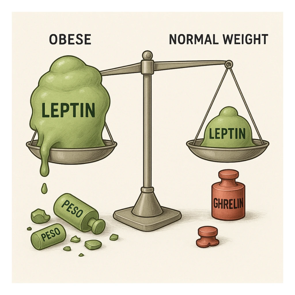endocrinology diagram style showing a scale with leptin in green on one side and ghrelin in red on the other side; on the obese side, leptin overflows but the scale doesn't move; broken leptin weights labeled 'Peso' scattered on the floor; on the normal-weight side, the scale is perfectly balanced; 4K resolution, clinical, clear, detailed medical illustration sticker