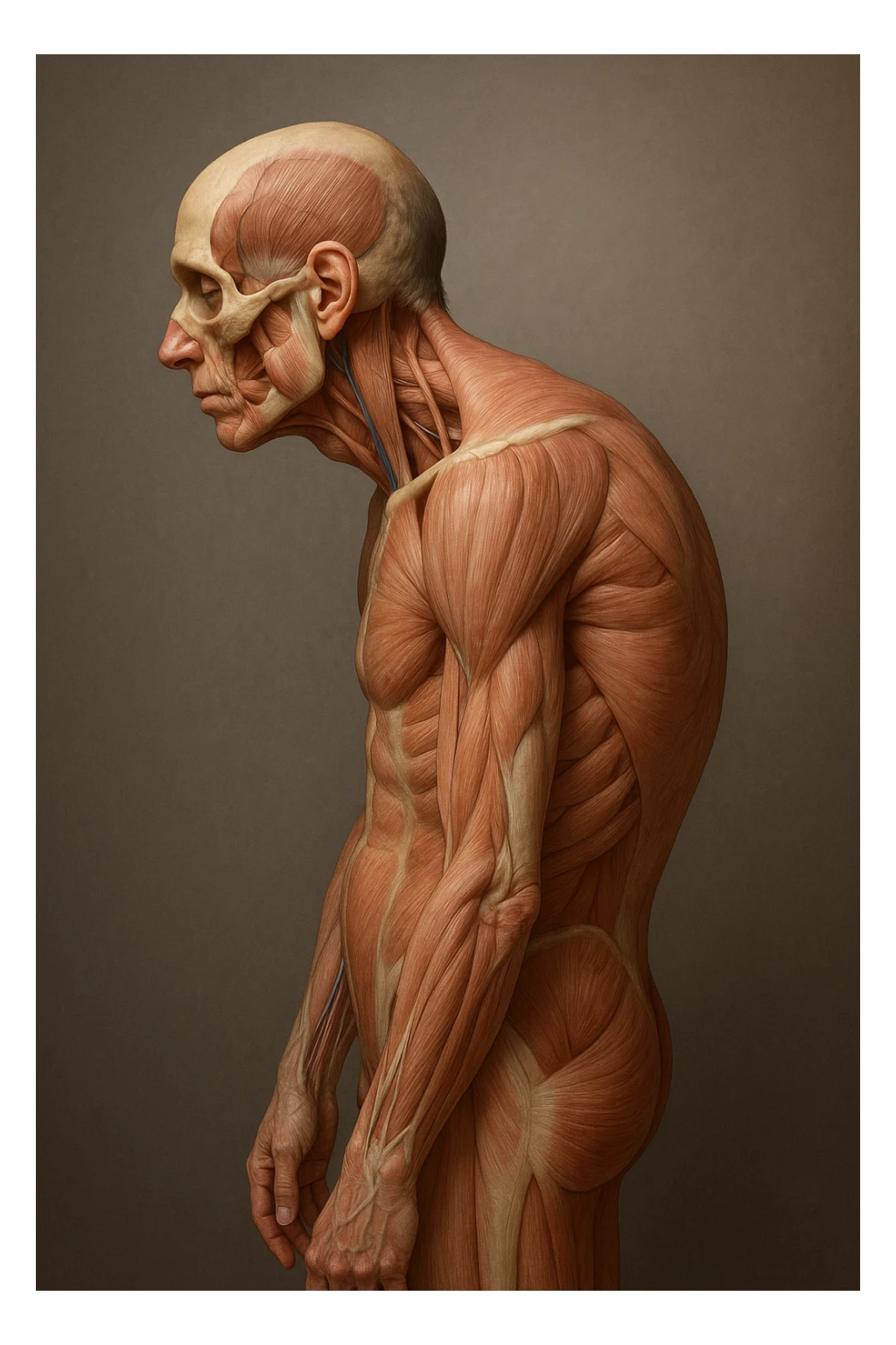 corpo UMANO ANATOMICO di profilo con spalle chiuse in avanti, postura errata, iperrealistico 4k sticker