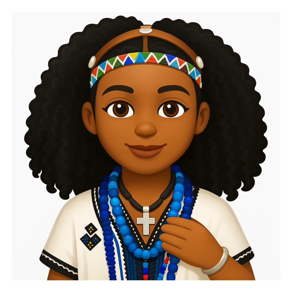Create a high-definition, precise iOS (Apple) style emoji of an Ethiopian woman in traditional attire. Capture her natural curly hair, beaded headband, traditional jewelry, and warm expression. The style should reflect the look and feel of Apple emojis with clear details and vibrant colors. sticker