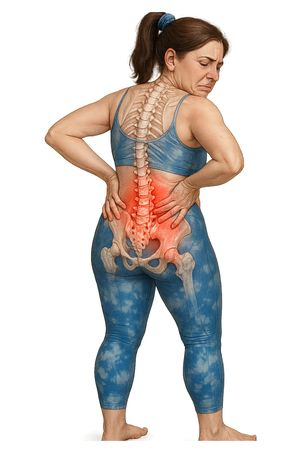 a woman in her 30s  holding her lower back with a pained expression. Subtle visual cues, like uneven shoulders or hips, hint at postural asymmetry. symbolizing chronic pain over the years. vista anatomicamente sticker