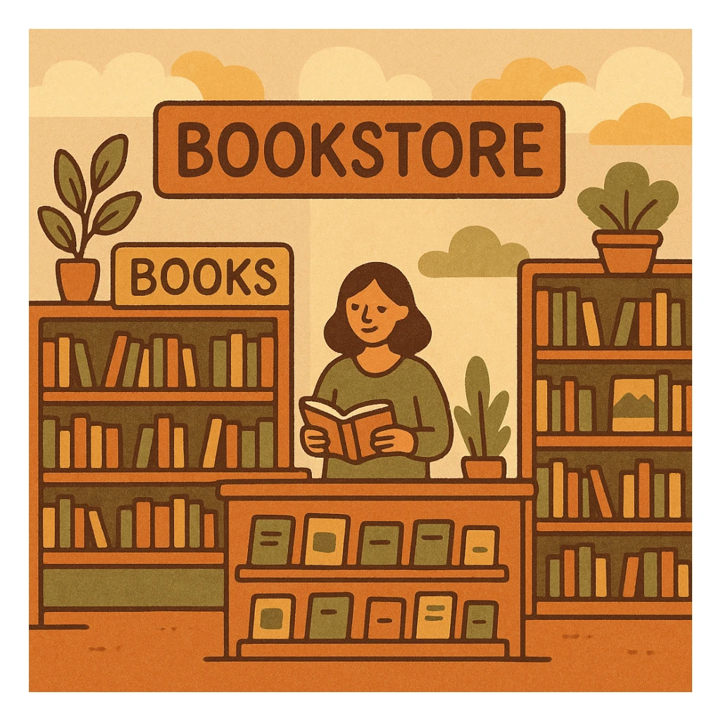 modern bookstore with geometric shapes, bold signage, spacious interior, modern decor, artistic touch sticker