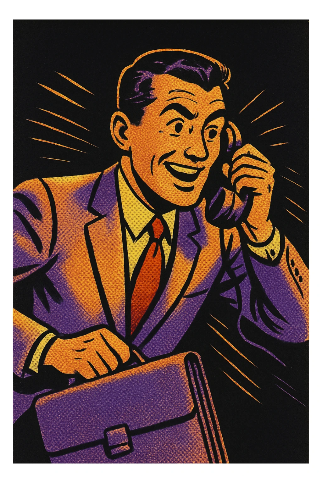 businessman, warm palette in yellow, orange, purple, violet gradient tones, dark solid bg sticker