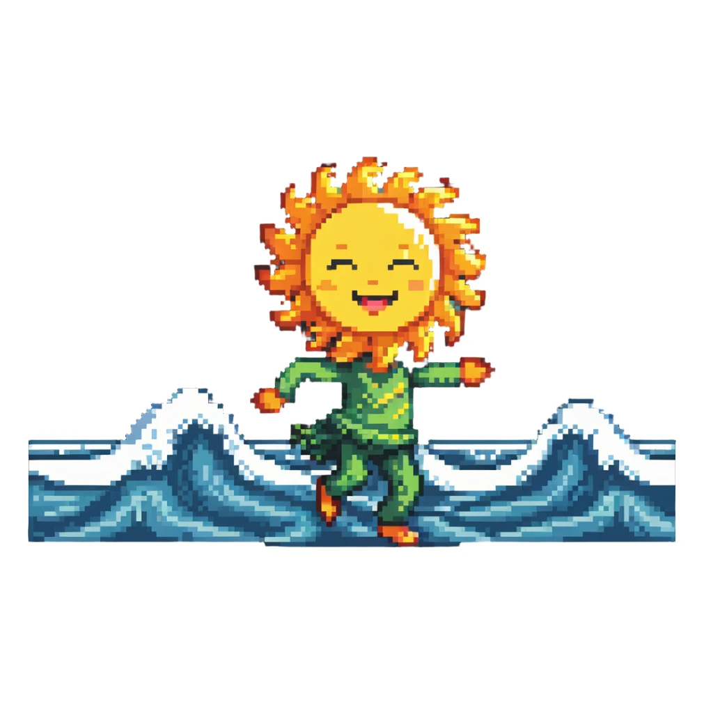 Dancing character on beach with sun highlighting them, ocean waves, cheerful tripa tropa mood sticker