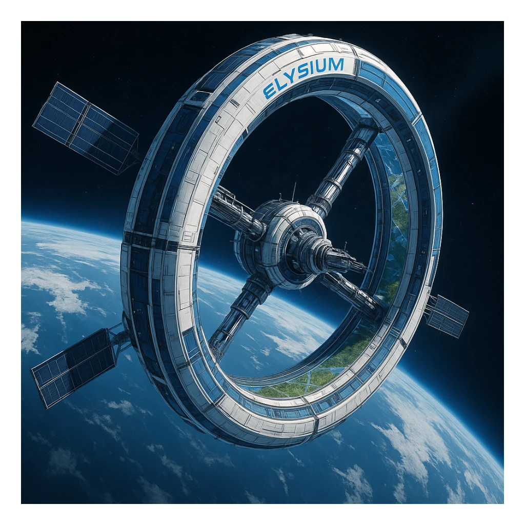 Elysium space station, viewed from space, detailed ring habitat, blue and white color scheme, high-tech look sticker