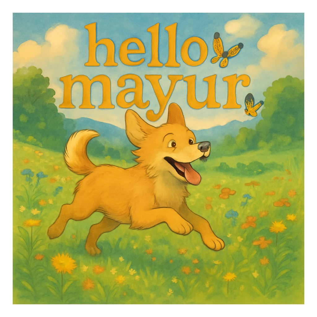 Add the text 'hello mayur' in a friendly, painterly font, matching the whimsical style of the image. The style is whimsical and painterly, so the text should blend naturally with this artistic, playful aesthetic. sticker