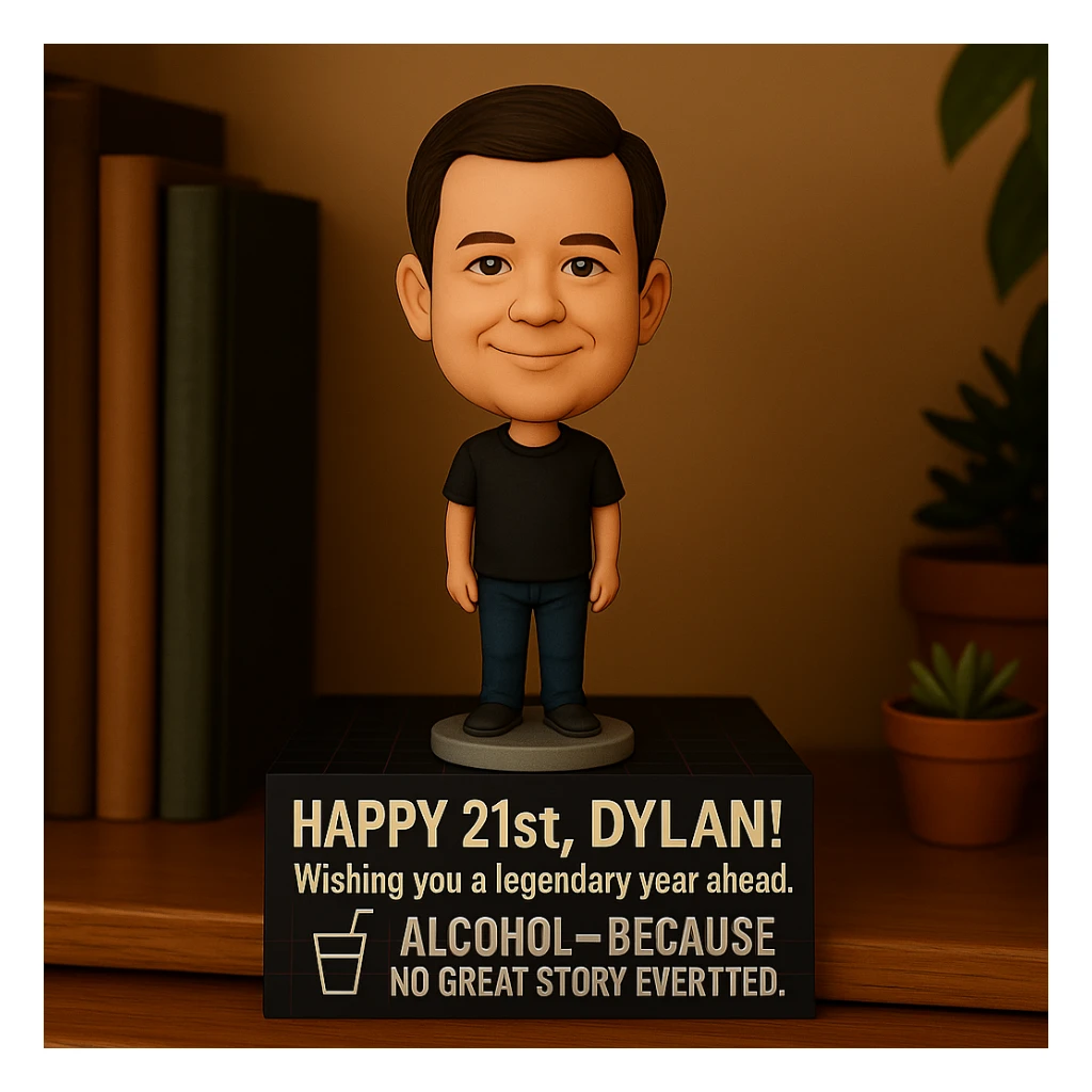 Add a birthday message: 'Happy 21st, Dylan! Wishing you a legendary year ahead.' Keep Dylan as a bobblehead character, minimal neon grid background, one drink icon, bold chrome text for the quote, and maintain the clean, balanced layout in the bobblehead style sticker