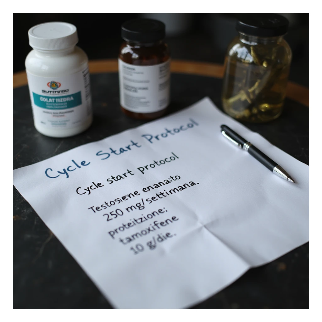Gym desk with cycle start protocol written on a sheet, next to supplements and a pen. The sheet reads: 'Ciclo base: testosterone enantato 250 mg/settimana, 8 settimane, protezione: tamoxifene 10 mg/die.' Hyperrealistic 4K details. sticker