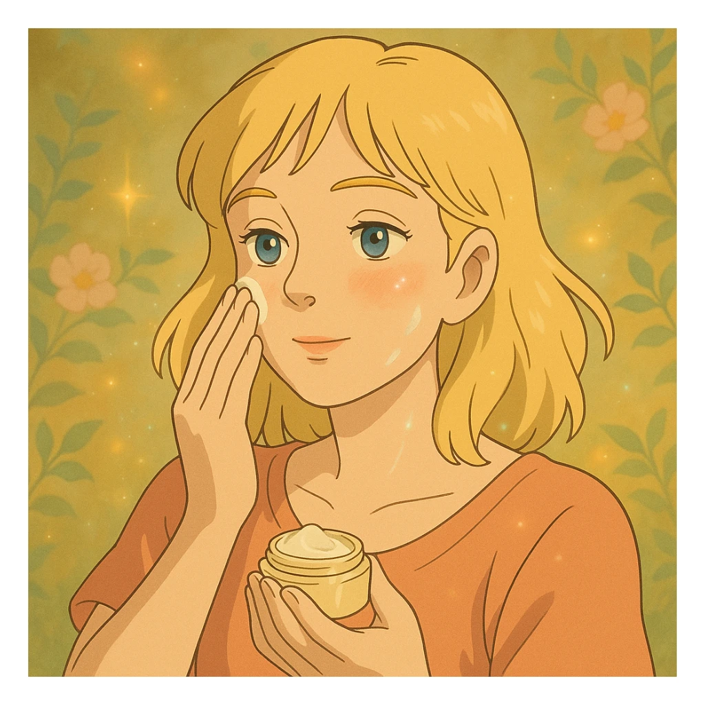 mulher loira com piercing no nariz aplicando skincare sticker