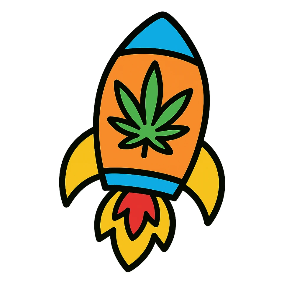 A rocket icon featuring a cannabis leaf, playful and cartoonish, bright colors. sticker