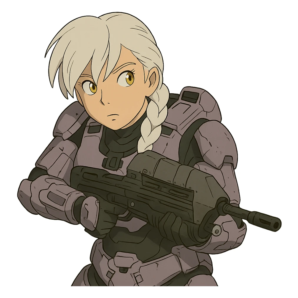 female, wearing reach spartan armor shoulder-unequip, long white braid hair with massive messy front side single bangs, gold yellow eyes, attention pose, HALO:series, no helmet, the armor is lavender color scheme, shoulder pad off. DDD bust size fitting. , peeking around a corner while aiming a classic HALO1 AR, tactical, lean sticker