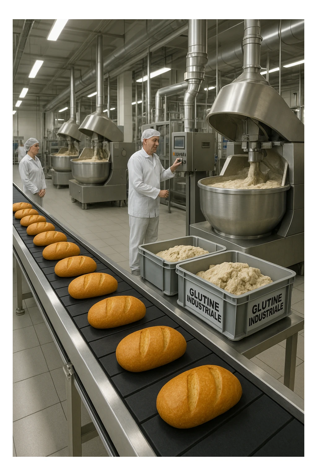 a modern food processing factory interior, with large stainless steel machines mixing and kneading dough. In the foreground, a conveyor belt carries loaves of bread and trays of raw gluten, labeled “Glutine industriale” Workers in uniforms and hairnets monitor the process. The atmosphere is clean, efficient, and slightly clinical. sticker