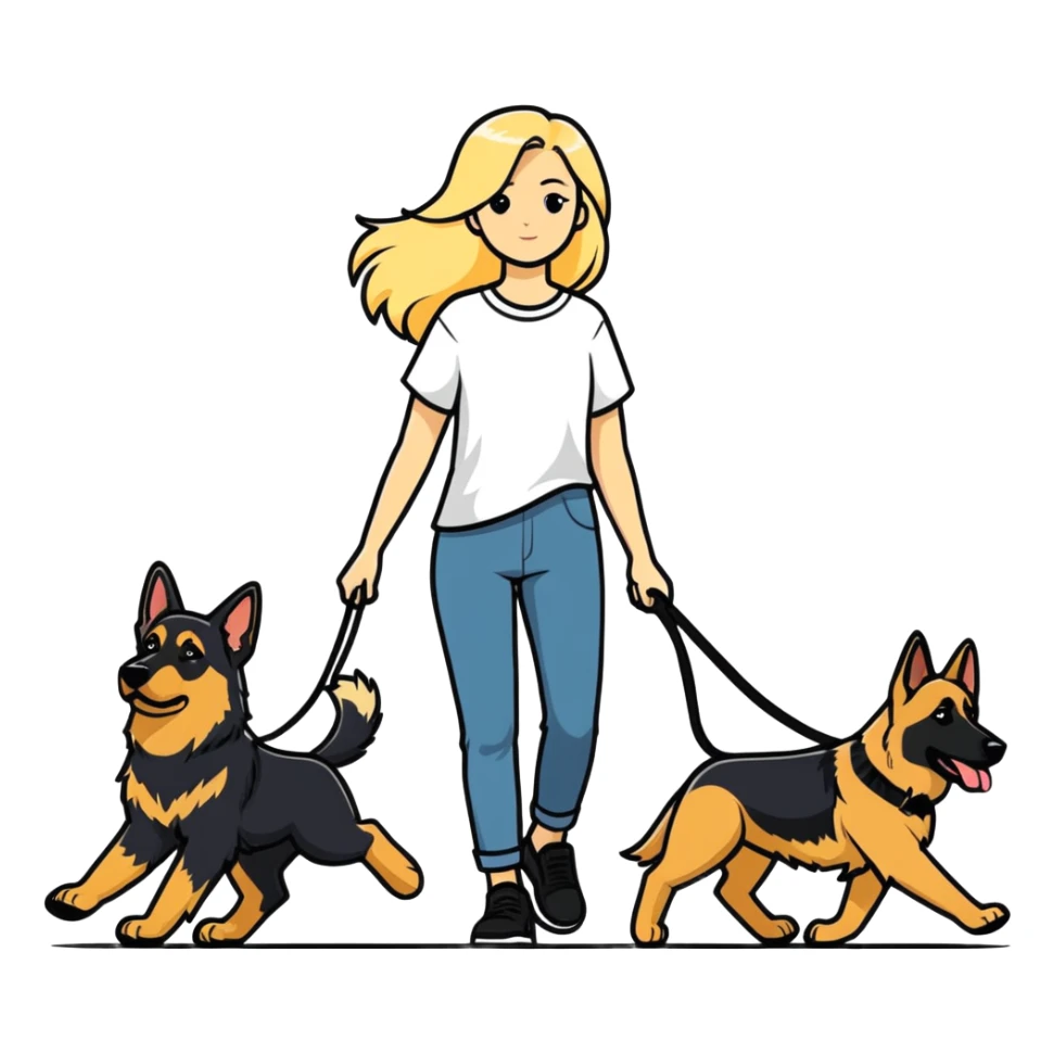 Blonde girl with long hair walking a German Shepherd sticker