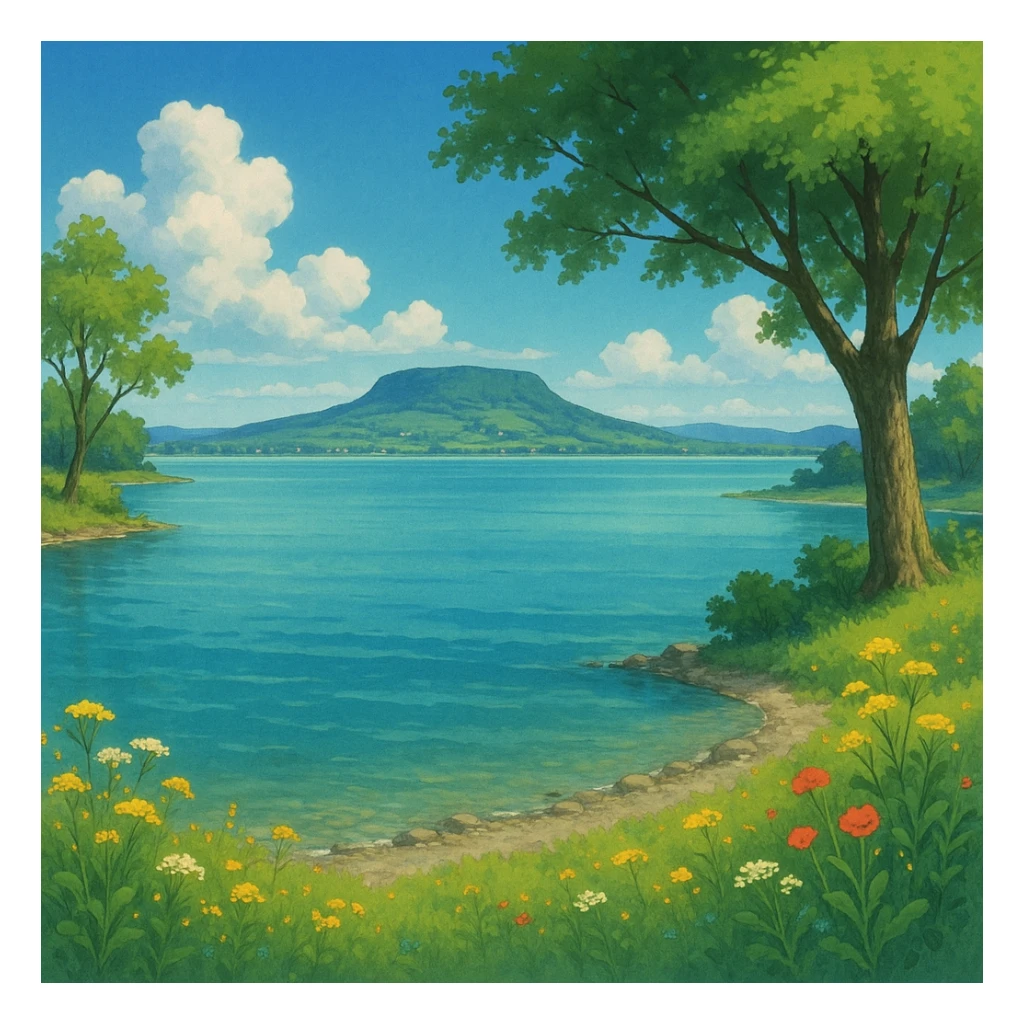 serene landscape of Lake Balaton in ghibli style sticker