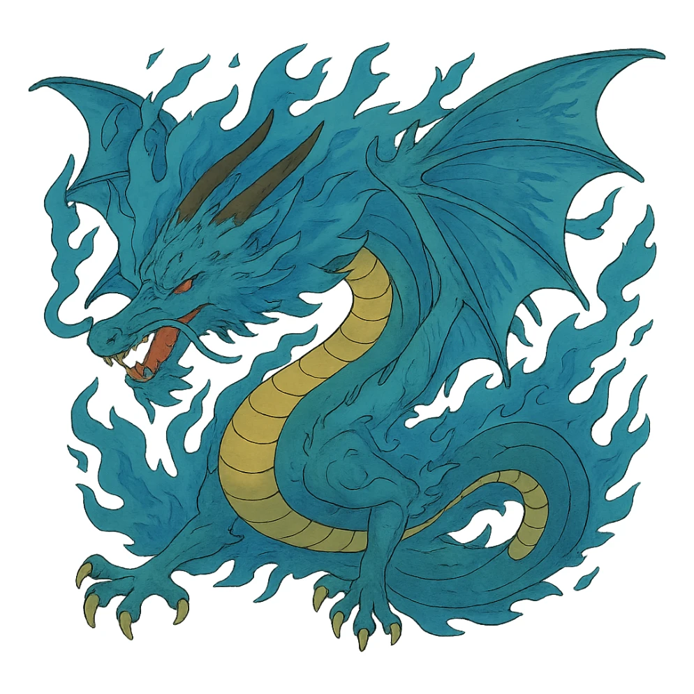 Add large, detailed wings to this fiery blue dragon, keep the style consistent with the original image, and remove the background. sticker