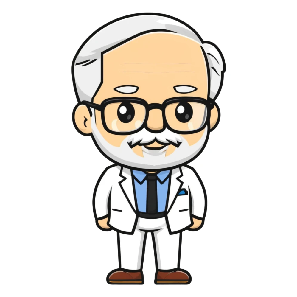 Colonel Sanders, old white man with square glasses, white goatee beard, white suit, KFC founder sticker