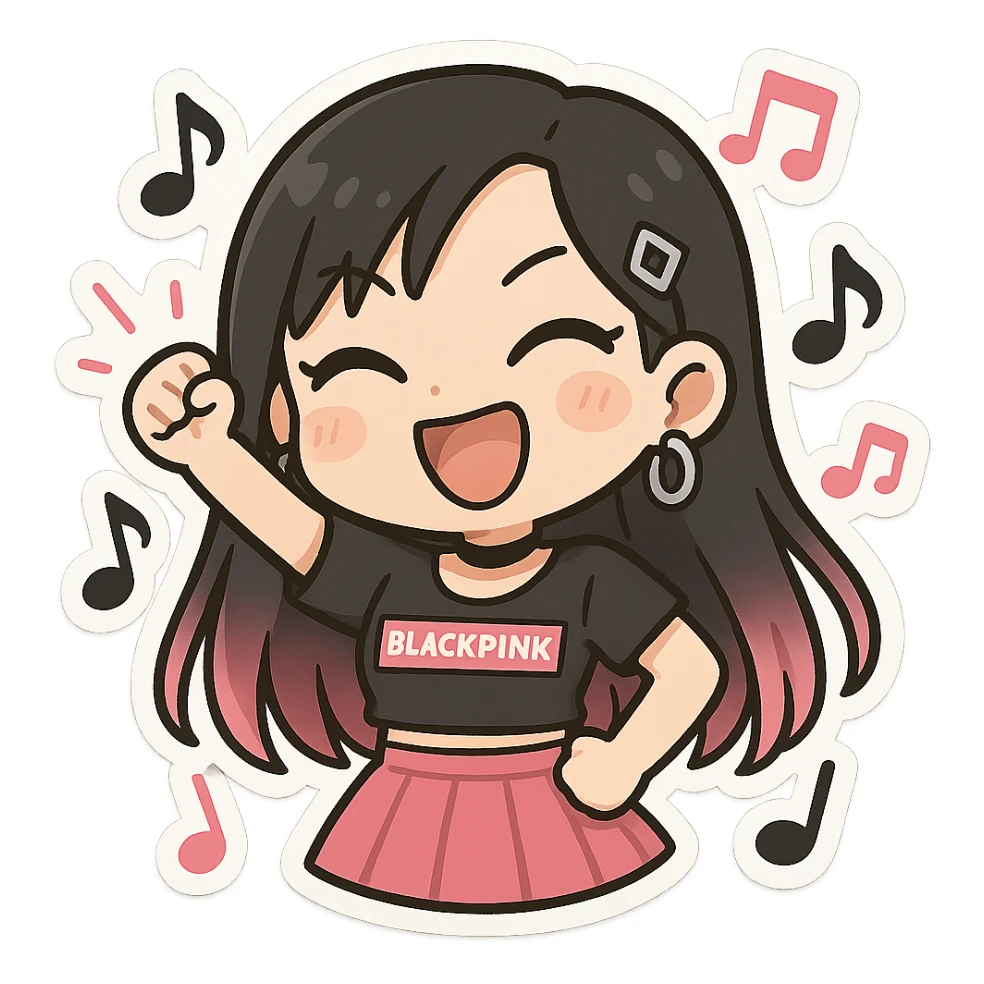 BLACKPINK-inspired chibi sticker, black and pink music note, fun and energetic sticker