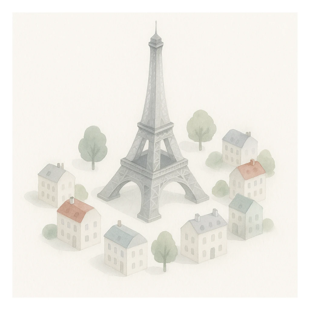 Isometric illustration of Paris, featuring the photorealistic Eiffel Tower surrounded by small Parisian buildings and trees, highly detailed in semi-realistic style sticker
