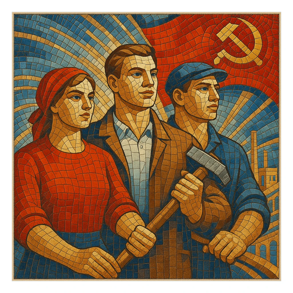 Soviet mosaic artwork reimagined as a modern Kerama Marazzi tile, detailed and colorful sticker