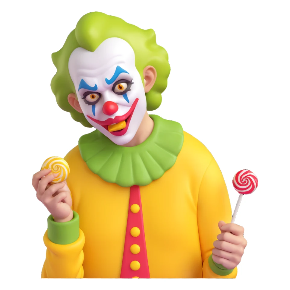comically ugly clown-like joker, dressed in a yellow jersey, crying and licking a lollipop sticker