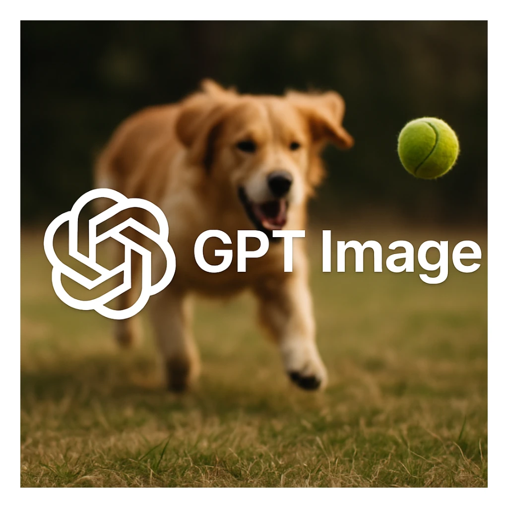  logo of chat gpt with text "GPT Image" on the background of a dog chasing ball, realistic image sticker