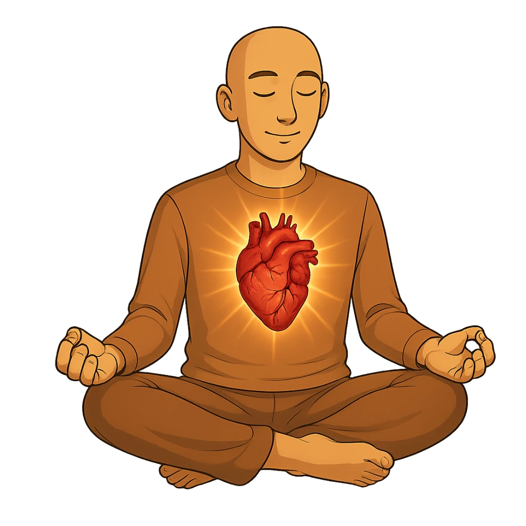 Person is meditating and his heart is glowing and shining, general style, with a real organ heart form sticker