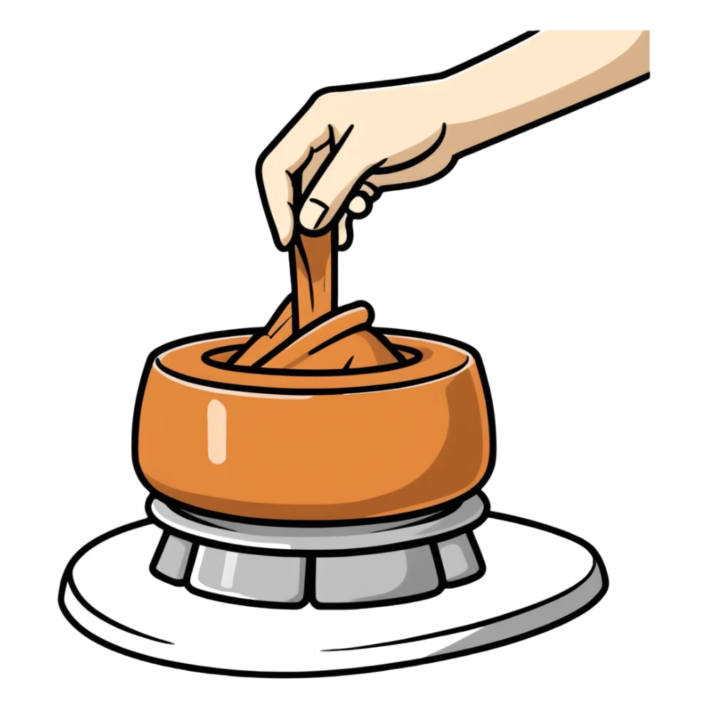 single hand scooping a mound of clay on a silver pottery wheel sticker