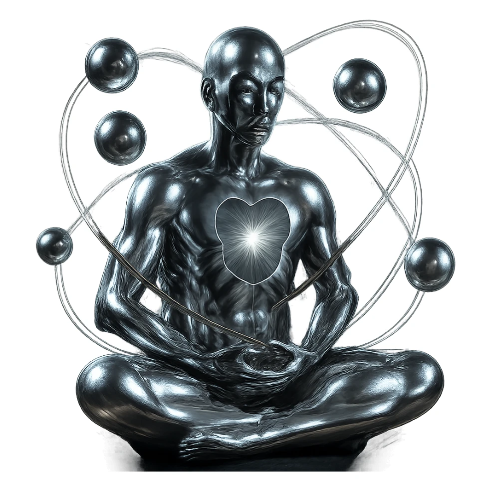 Add a glowing aura around the stylized chrome meditating figure with open chest and spiraling spheres, keep the style futuristic and smooth, no background. sticker