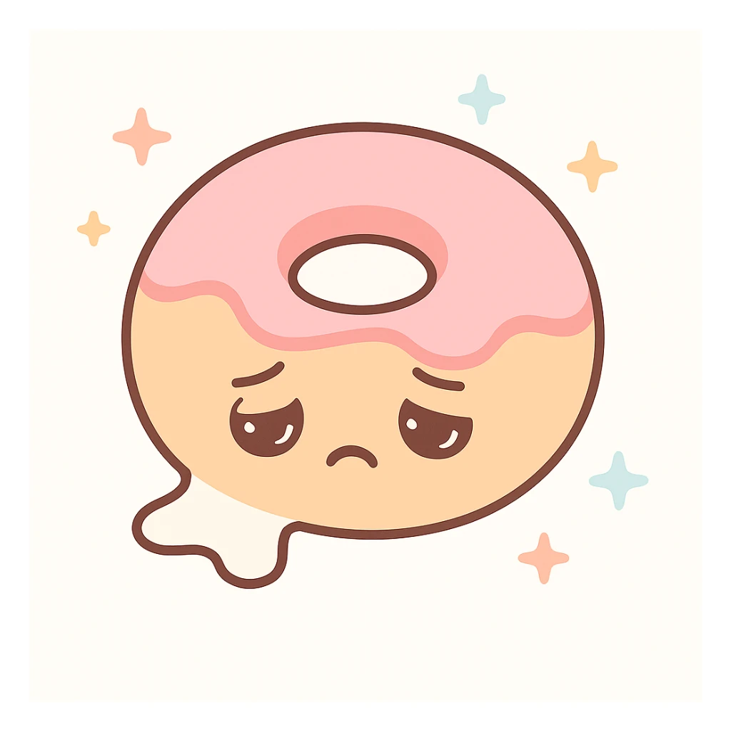 Make the donut's face look exhausted (not sad), and have the white creme dripping out of the donut hole. Keep the kawaii style. sticker