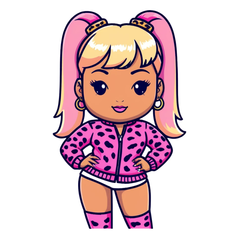 Nicki Minaj wearing pink and white leopard print outfit with half blonde half pink hairstyle with bangs sticker