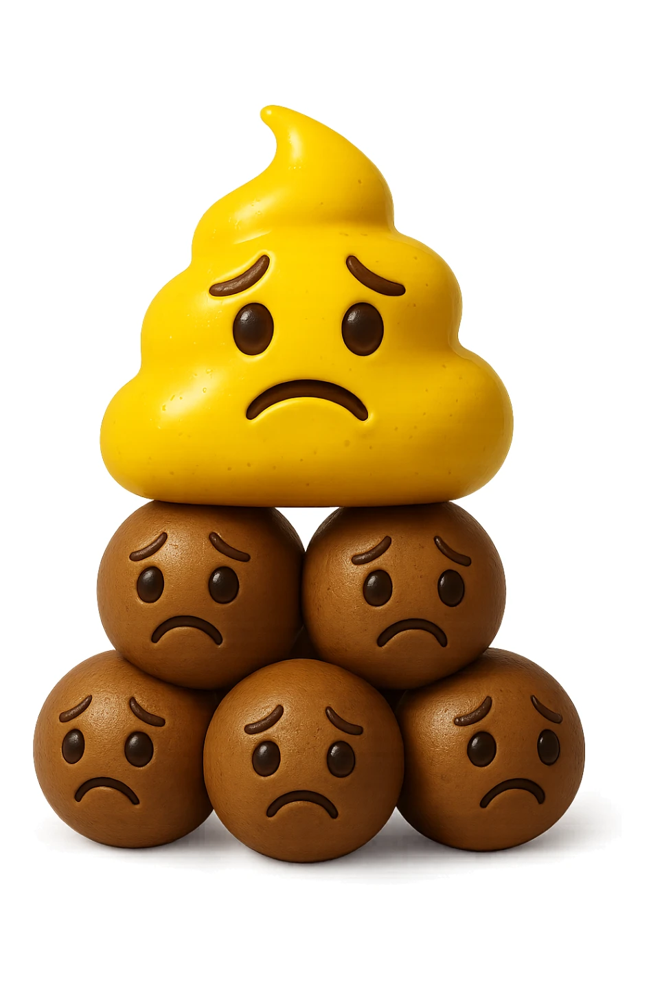 emoji stile iphone di una cacca giallina e liquida con espressione triste, sopra una montagnetta di feci a palline con espressione triste, iperrealistico 4k sticker