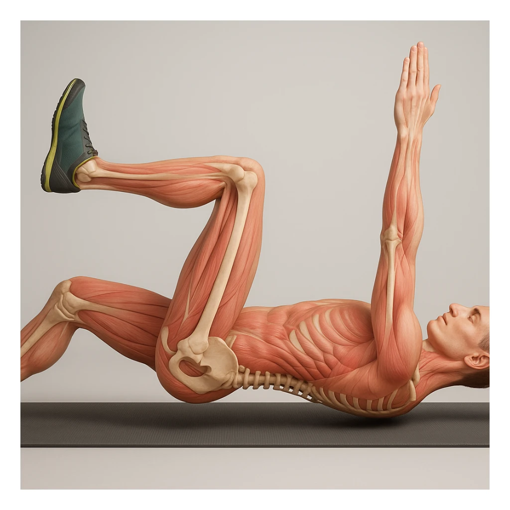 Anatomically hyperrealistic 4K side view of a man in dead bug position with the arm on the ground fully extended above the head, straight, showing pelvis and spine bones, translucent muscles and skin, medical atmosphere, realistic anatomical details. Variant 5, slightly change the position of the torso. sticker