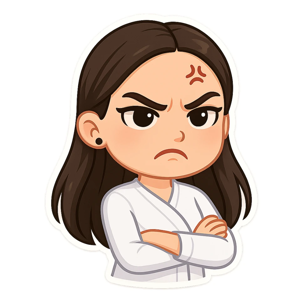 Create a chibi sticker of the girl from the reference image with an angry expression. Use 3D bitmoji style with a white outline and transparent background. sticker