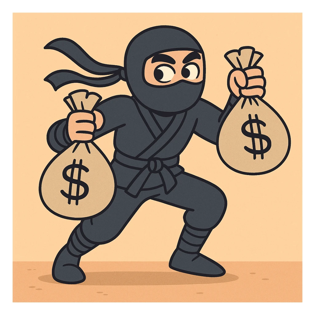 a ninja holding money bags, dynamic pose, simple background sticker